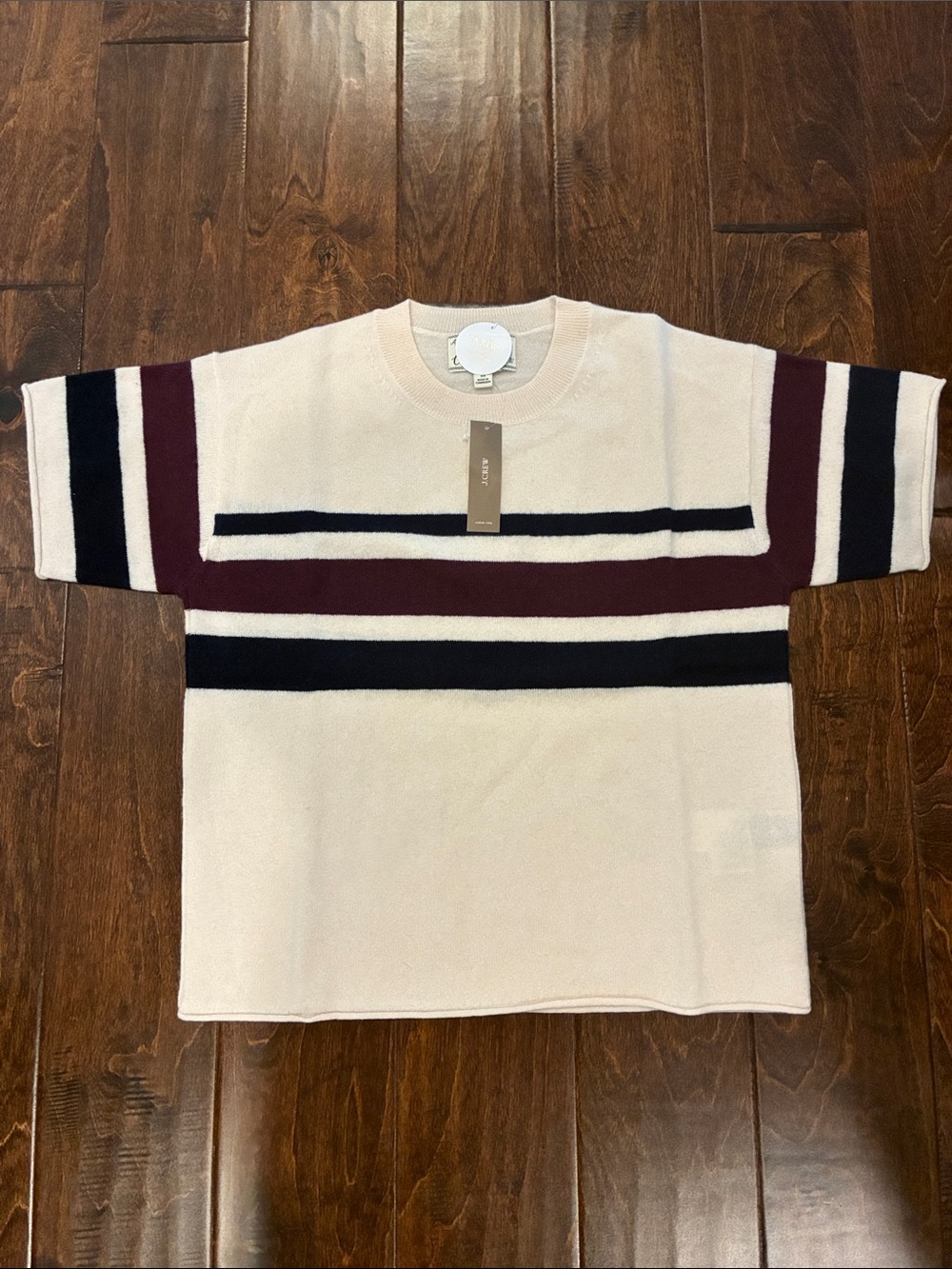 J Crew Cashmere relaxed t-shirt in placed stripe Heather Muslin Stripe